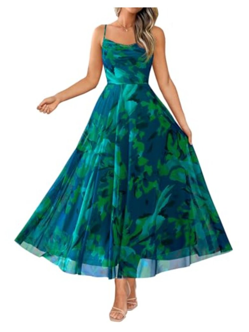 Elegant Floral Maxi Dress Cowl Neck Sleeveless Formal Evening A-Line